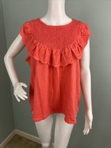 NWT Women&#39;s Inner Circle Sleeveless Smocked Eyelet Ruffle Top in Coral S... - £11.66 GBP