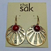 The Sak Gold Tone French Wire Dangle Earrings Gold Round Marble Stone Cutout - £15.28 GBP