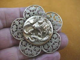 (B-LION-703) Lion fighting snake serpent wild Big cat clover brass pin pendant - £15.51 GBP