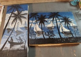 Haitian Art Paintings Ocean Sea Boats Signed Vintage 20x8/16x12 Rodney Gabreil - £91.67 GBP
