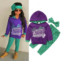 NEW Mermaid Girl Purple Hooded Sweatshirt Green Leggings &amp; Headband Outfit Set - £6.74 GBP