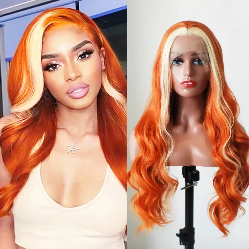 RONGDUOYI Blond Highlight Orange Synthetic Wig Middle Part Body Wave Lac... - £45.38 GBP+