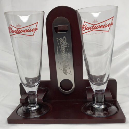 Budweiser Wooden Bar Stand & 2 Pilsner Glasses & Budweiser Beer Opener 2006 - £11.73 GBP