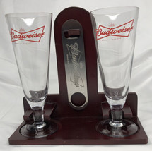 Budweiser Wooden Bar Stand &amp; 2 Pilsner Glasses &amp; Budweiser Beer Opener 2006 - $14.92