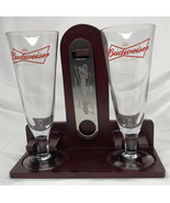 Budweiser Wooden Bar Stand &amp; 2 Pilsner Glasses &amp; Budweiser Beer Opener 2006 - £11.80 GBP