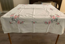 Vintage Embroidered Blue &amp; White Cotton Tablecloth Floral Pattern 50 x 47&quot; - £17.40 GBP