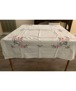 Vintage Embroidered Blue &amp; White Cotton Tablecloth Floral Pattern 50 x 47&quot; - £17.25 GBP