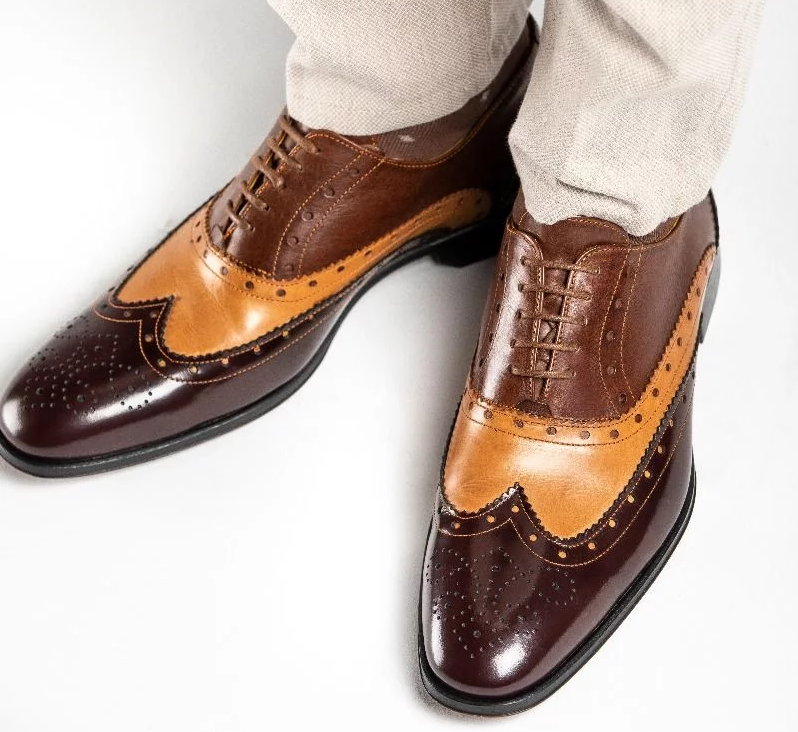 Men Shoes Oxford Two Tone Tan Brown Brogue Toe Handmade Premium Quality Leather