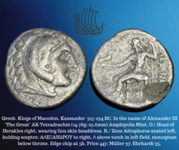 315-294 BC Grec Macedon King Kassander Alexander III The Grand Ar Tetradrachm - £158.22 GBP