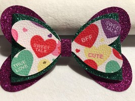 VALENTINE CONVERSATION HEART HAIR BOW, MULTI-COLOR, 4.5&quot; X 3&quot; HOMEMADE - £6.28 GBP