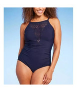 Aqua Green Women True Navy UPF 50 Crochet High Neck One Piece Swimsuit X... - $13.82