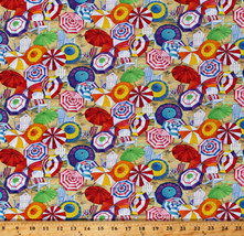 Beach Umbrellas Chairs Sand Summer Cotton Fabric Print By The Yard D502.39 - £25.23 GBP