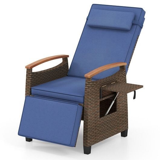 Patio Wicker Recliner Chair with Adjustable Backrest and Footrest-Navy -... - $296.99
