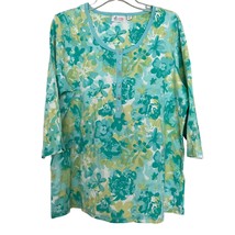 Denim &amp; Co. Womens Green Yellow 1X Plus Floral Knit Top Half Sleeve - £14.79 GBP