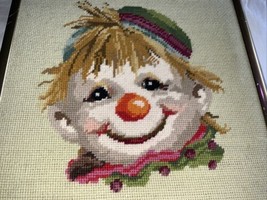 Vintage Needlepoint Completed Framed Clown Face Bright  Colors - a few f... - $24.25