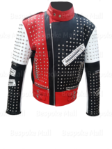 New Men&#39;s Red White Black Punk Silver Spiked Studded Cowhide Leather Jacket-841 - £283.55 GBP