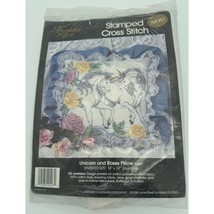 Golden Bee Unicorn and Roses Pillow 20407 Stamped Cross Stitch Kit 14 x 14 Vtg - $24.49