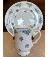 Vintage Royal Victoria Fine Bone China SET 2 Coffee Mug &amp; Plate 8 Blue F... - €21,45 EUR