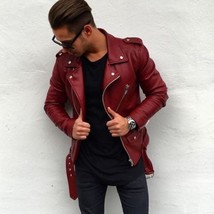 Maroon Men&#39;s Stylish Genuine Lambskin Leather Jacket Handmade Biker Motorcycle - £84.65 GBP