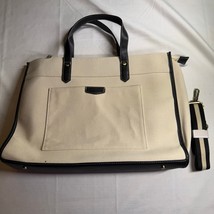 Missnine Beige Canvas Tote Bag with Black Trim &amp; Strap | Laptop Work Tra... - $36.95