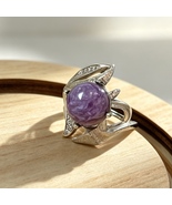 Natural 10mm Charoite S925 Silver Brushed Adjustable Ring Healing Jewelry - $42.99
