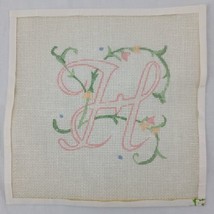 Floral Needlepoint Canvas H Monogram Scrollwork Cursive Pink Scroll 18 C... - £11.11 GBP