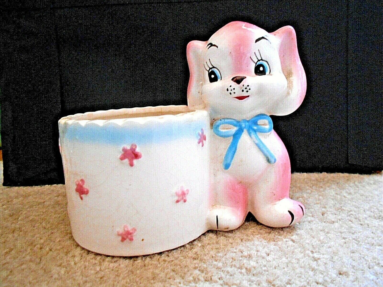 Dog Porcelain Figure w/Flower Pot Pink and White - $3.95