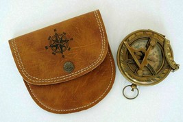 Nautical brass sundial pocket compass with leather case vintage gift. - £39.08 GBP