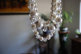 Faux Pearl 3 Strand Glass Clear Crystal Beads Rhinestone Necklace Silver... - $15.00