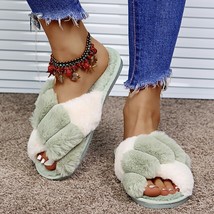 Warm Fluffy Slippers Women Shoes Color Block Green 38-39 - £11.98 GBP