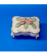White Porcelain Trinket Box With Rose Cover 4.25” x 3.25” - Vintage 1950... - $15.38