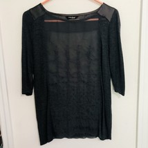 Lucky Brand Top Tunic Dark Gray M Sheer Panels Embroidered 3/4 Ruched Sleeve - £14.04 GBP