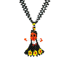 Mini Bead Doll Necklace 25” Black White Red Yellow Pendant  Southwestern Artisan - £13.45 GBP