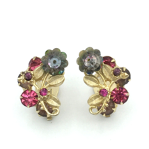 GRAY PINK rhinestone flower clip-on earrings - gold-tone leaves margarita stones - £22.02 GBP