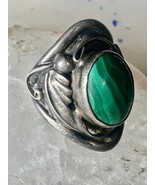 Malachite ring leaves feathers Navajo size 8 sterling silver women men - $3,543.63 MXN