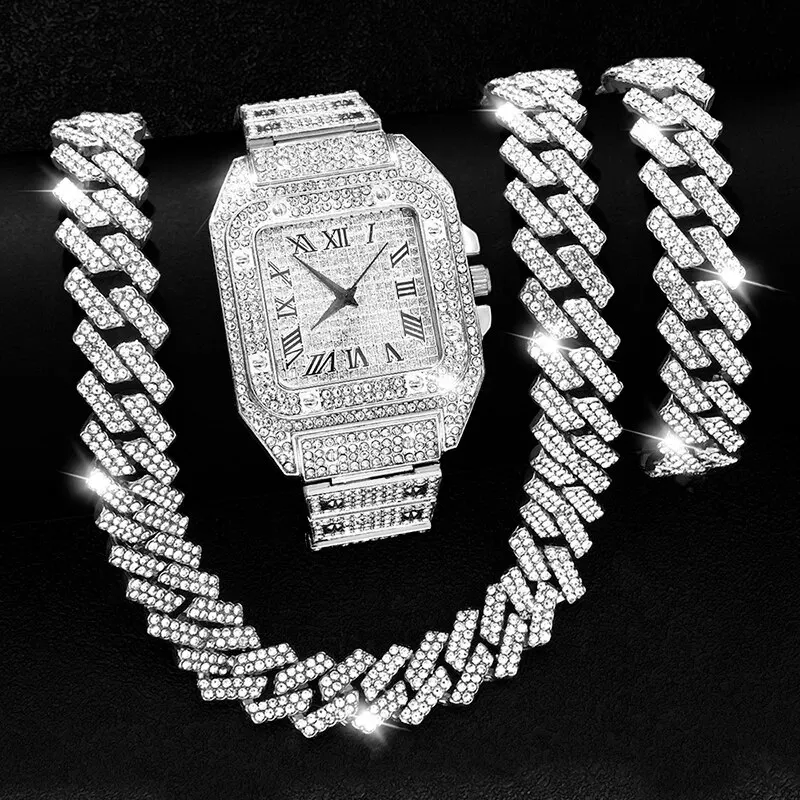 Necklace+Watch+Bracelet Iced Out Watch For Men Hip Hop 14MM Prong Cuban ... - $61.98