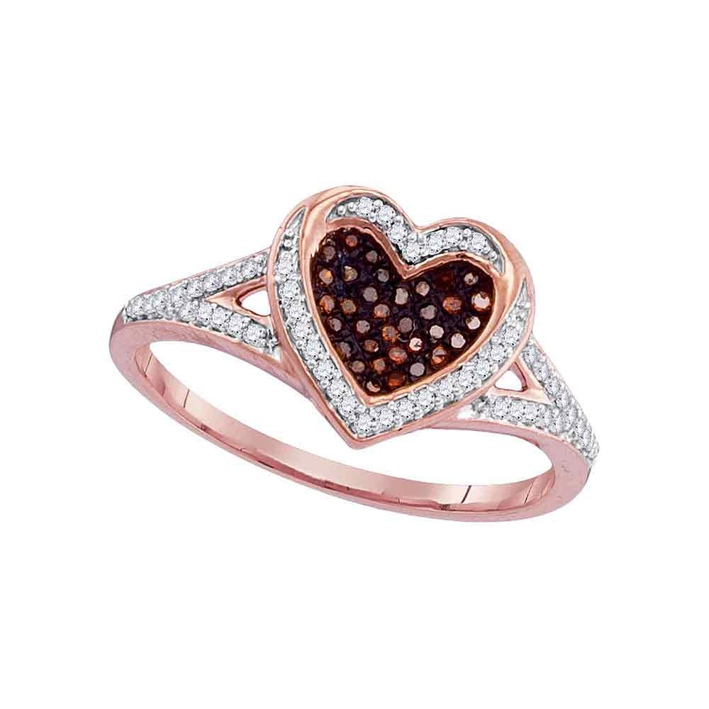 10k Rose Gold Womens Round Red Color Enhanced Diamond Heart Love Ring 1/5