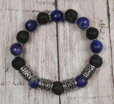 Lapis Lazuli Lava Rock Silver Spacer Stretch Diffuser Bracelet Handmade 7&quot; - $19.79