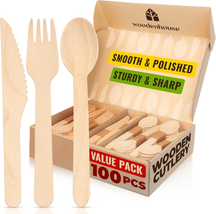 Disposable Wooden Cutlery Set – 100 Pcs (40 Forks | 40 Spoons | 20 Knive... - $17.06