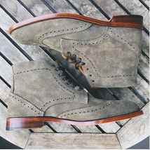 Gray Suede Leather Boots High Ankle Brogue Toe Premium Quality Matching Sole  - £130.11 GBP