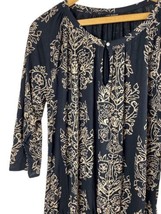 Lucky Brand Shirt 1X Knit Tunic Top Black Gold Filigree Floral 3/4 Sleeves - £33.50 GBP