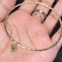 Dainty Gold Plated Hammered Effect Bangle Bracelet With Heart Charm - £9.27 GBP