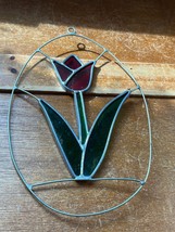 Handmade Red Stained Glass Tulip Flower in Egg Shaped Wire Frame Window Hanging - £8.87 GBP
