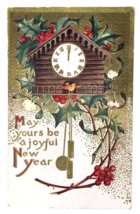 May Yours be a joyful New PC Year Cuckoo Clock Holly Berries Gold Trim Embossed - £5.53 GBP