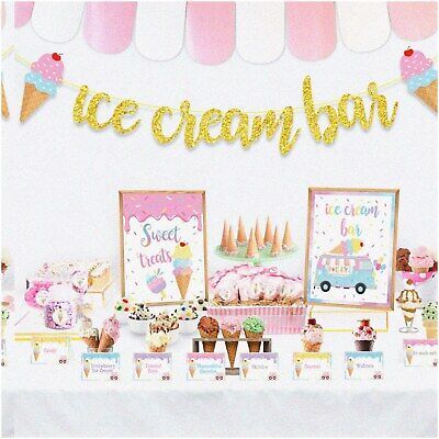 Sundae Sparkle: Ice Cream Bar Decor Kit - Glitter Banner, Table Sign, Food Label