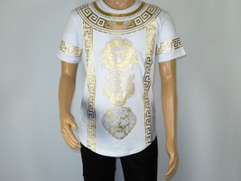 Mens PLATINI Sports Shirt With Rhine Stones Lion Medallion Chain SS3614 White - £39.95 GBP