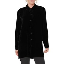 Eileen Fisher Sz XXS Classic Collar Long Shirt Black Silk Velvet Tunic $... - $67.31