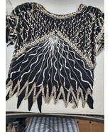 Greg Adams Vtg 1970s Black Silk Sequined Beaded Top Lrg - $82.04 CAD