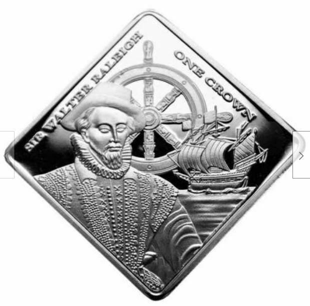 Primary image for TRISTAN DA CUNHA 1 Crown 2014 Silver Plated Proof, Sir Walter Raleigh & Ship