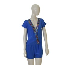 American Retro Fidji Blue Silk Sequins Embroidery Romper Playsuit Shorts... - $147.51